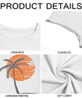 Mens Sleeveless Tank Top For Gym And Workout Gains With Palm Tree Hawaiian Print detail showing crew neck, sleeveless cut, palm tree print, and soft fabric texture.