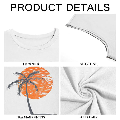 Mens Sleeveless Tank Top For Gym And Workout Gains With Palm Tree Hawaiian Print detail showing crew neck, sleeveless cut, palm tree print, and soft fabric texture.