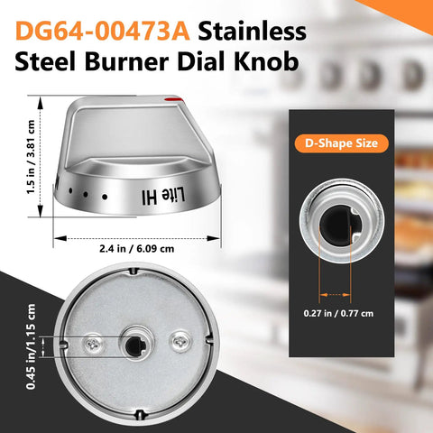 Burner Control Dial Knob Replacement For Gas Range Stove 5 Pack Compatible With NX58H5600SS showing dimensions and D-Shape size