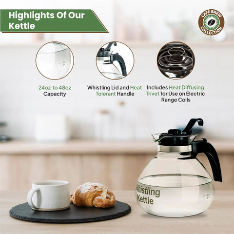 Stove Top Borosilicate Glass Whistling Tea Kettle 12 Cup 48oz BPA Free German Made See Through Boil For Gas Electric And Glass Ranges Durable Kitchen Kettle For Fast Flavorful Tea