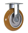 Top Tier Kingpinless Rigid Caster Featuring An Eight Inch Caster Wheel And Two Inch Stem rated for 1500 lbs, showing yellow wheel and metallic bracket.