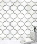 Front view of Marrakesh Lantern tile mosaic sheet in Carrara & Thassos white marble, polished 9x10 in