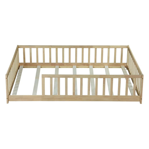 Rock Solid Full Size Montessori Floor Bed With Safety Rails natural solid wood frame, sturdy slats, low profile design.