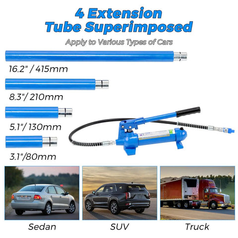 4 Ton Hydraulic Porta Power Kit For Truck And Car Frame Repair Includes Heavy Duty Auto Body Jack with extension tubes and vehicles.