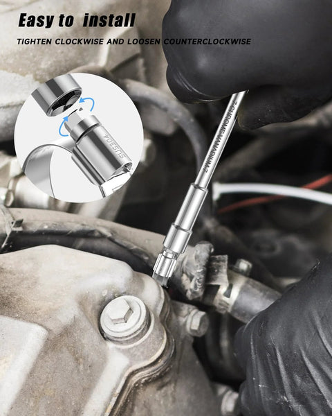 Installed SEKSUALA 304 stainless steel worm-gear hose clamps set for automotive hoses in engine bay (8-50 mm).