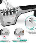 Top Shelf Four Stage Knife Sharpener Kit With Cut Resistant Glove Game Changing Edge Restorer For Quick Daily Kitchen Use And Safer Cutting Work Black Silver Matte Finish Non Slip Base Design showing 4-slot sharpener with scissors.