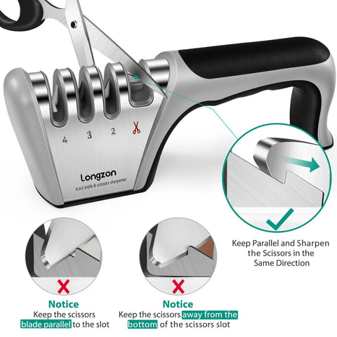 Top Shelf Four Stage Knife Sharpener Kit With Cut Resistant Glove Game Changing Edge Restorer For Quick Daily Kitchen Use And Safer Cutting Work Black Silver Matte Finish Non Slip Base Design showing 4-slot sharpener with scissors.
