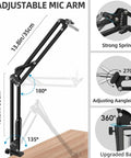 Heavy Duty Microphone Stand With Adjustable Quad Boom Arm Studio Mic Boom Windscreen Double Layer Pop Filter Shock Mount And Rugged Arm For Broadcasting And Home Studio Recording showing adjustable mic arm with measurements