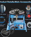 Heavy Duty Rotary Welding Positioner Turntable With Adjustable Speed Control showing 20W motor, foot pedal, speed control, and power interface.