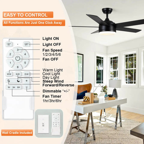 Living room with 52 Inch Black Ceiling Fan With Light And Remote, Ultra Quiet DC Motor, Dimmable 3CCT LED, remote control features