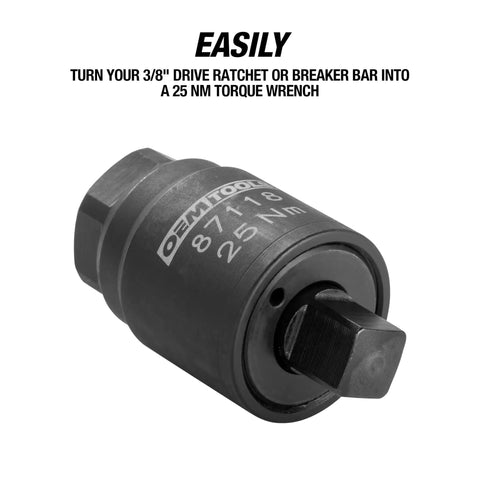 Three Eighths Drive Torque Limiting Adapter For Oil Filter Canister Caps Turns Your Ratchet Into A Tight Precise Torque Wrench And Limits Torque To Twenty Five Nm And Works With Twenty One Millimeter Sockets, close-up view