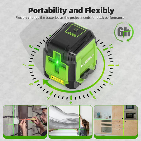 Self Leveling Laser Level With 60 Inch Tripod And 98 Feet Range Green Cross Line Laser Tool For Picture Hanging Home Reno And Indoor Projects Manual And Auto Level Modes Batteries And Carrying Bag Included, showing laser and projects