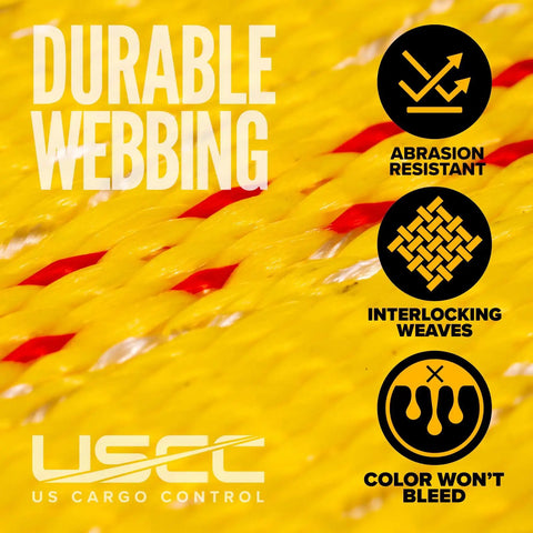 Close-up of yellow flat hook ratchet strap webbing showing abrasion resistance and interlocking weaves.
