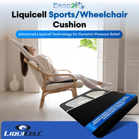 Get Rid Of Tailbone And Hip Pain With This 3.5 Inch Thick Ergonomic LiquiCell Seat Cushion displaying comfort in use on a chair.