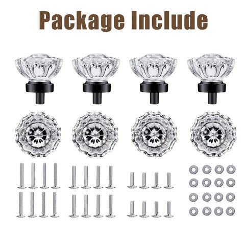 Package contents of Matte Black Glass Cabinet Knobs 8 Pack With Vintage Crystal Drawer Knobs And Pulls For Dresser shown with screws.