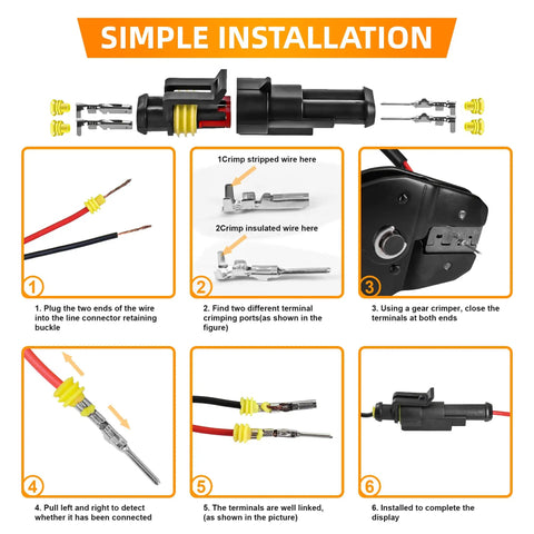 Simple installation guide for 709 Piece Waterproof Wire Connector Kit With Self Adjusting Ratcheting Crimp Tool for automotive wiring.