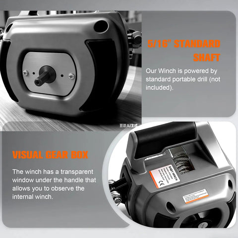 Portable Drill Winch 1000 Lb Pulling Capacity With 40 Foot Alloy Steel Wire Rope Lightweight 11 Lb Hand Winch features