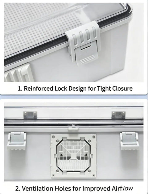Outdoor Weatherproof Electrical Junction Box With ABS Plastic Shell Hinged Cover And Stainless Steel Latch Mounting Plate And Wall Bracket IP66 IP67 Rated For Tough Weather Cooling Fan For Heat Dissipation Gray 30x30x17cm And Clear 60x50x22cm close-up of latch and ventilation holes