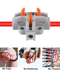 Close-up of 10 Pack T Shape Lever Nut Wire Connector Set for Quick 3 Way Splitter with no tape, soldering, or twisting symbols.