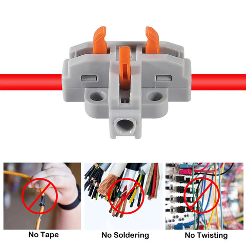 Close-up of 10 Pack T Shape Lever Nut Wire Connector Set for Quick 3 Way Splitter with no tape, soldering, or twisting symbols.