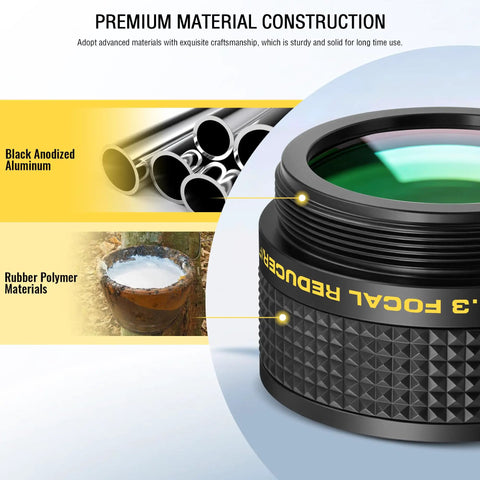 Image showing F Six Point Three Reducer Corrector construction with black anodized aluminum and rubber polymer materials.