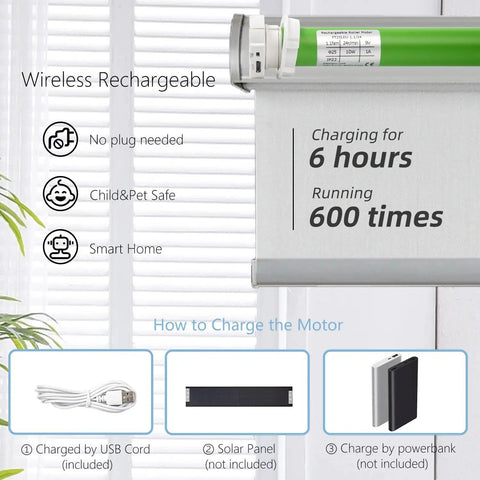 Roller Tubular Motor With Built In Battery No Wiring Required Wireless App Or Timer Control Alexa And Google Home Compatible Retrofit Blinds Motor For Clutch Shades Diy Install Three To Six Month Battery Life Smart Home Ready, motor charging options, USB, solar panel, and powerbank shown