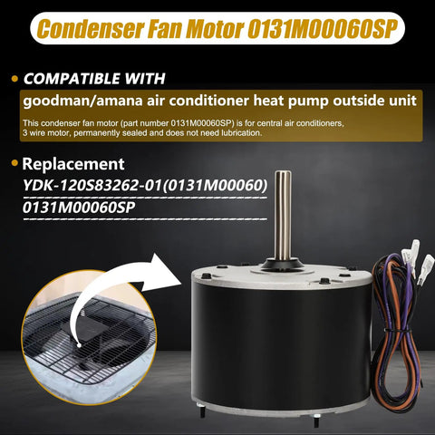 Condenser Fan Motor Replacement One Sixth Horsepower 208 to 230 V 1.5 Amp OEM Direct Fit for HVAC Systems 0131M00060SP