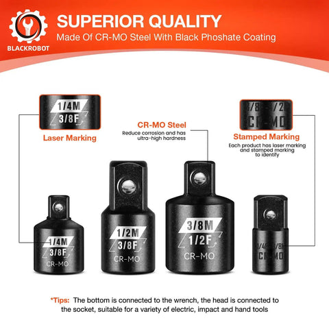 Impact Socket Adapter Set One Quarter Inch To One Half Inch SAE Drive Square Reducers And Adapters Four Piece Heavy Duty