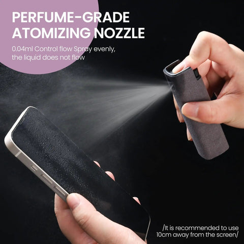 Hand using 2In1 Screen Cleaning Spray And Wipe Kit For Phones Tablets Laptops And Car Screens Portable 0 3 Oz Mist Cleaner Purple Lipstick Sized Microfiber Cloth Safe For All Touch Screens Quick Smudge Free Clear Displays All In One Grab And Go on smartphone screen