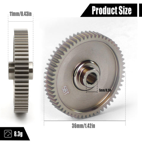 55T And 58T 0.6 Mod High Speed Spur Gear for TT01 series RC cars, shown in aluminum, 58T size with detailed dimensions.
