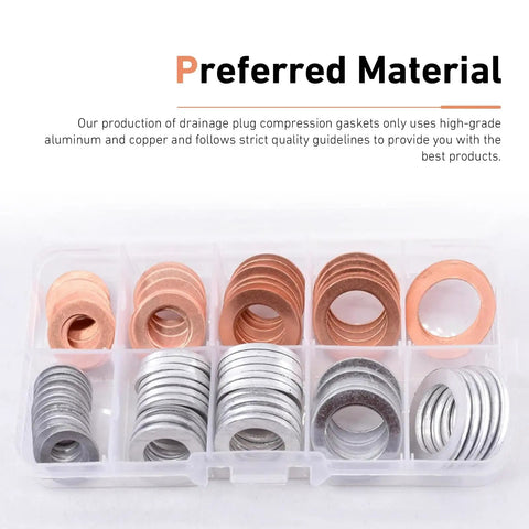 100 Piece Car Oil Drain Plug Crush Washer Set With 10 12 14 16 18mm Seals Copper Aluminum Gasket Kit displayed in organizer