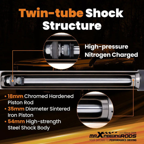 Twin-tube shock structure with high-strength steel body, 18mm piston rod, for Top Shelf Front Leveling Struts For Chevrolet Silverado And Gmc Sierra 1500 Trucks 2014 2018.