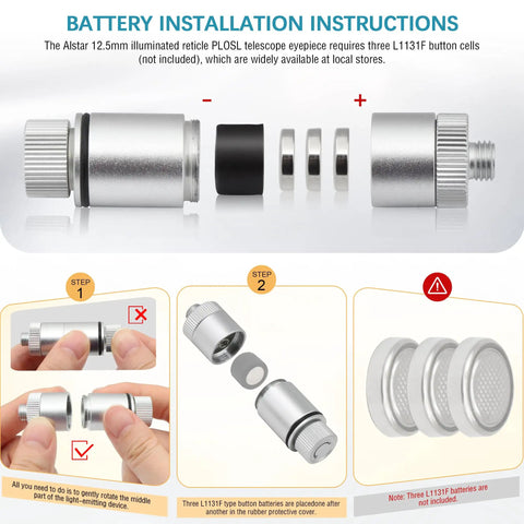 Step-by-step battery installation for Illuminated Reticle Eyepiece For 1.25 Inch Telescopes With Red Crosshair And LED Illuminator