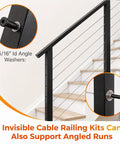 Kickass 20 Piece Hella Durable 1/8 Inch Black T316 Stainless Steel Invisible Cable Railing Kit With Tight Hidden Brackets For Smooth Modern Deck Guard Installations Along Patios on staircase.