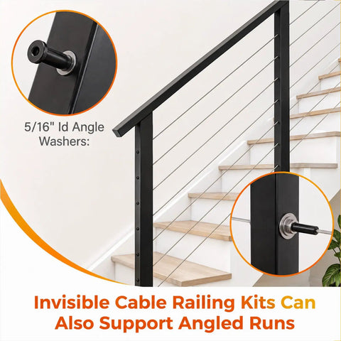 Kickass 20 Piece Hella Durable 1/8 Inch Black T316 Stainless Steel Invisible Cable Railing Kit With Tight Hidden Brackets For Smooth Modern Deck Guard Installations Along Patios on staircase.