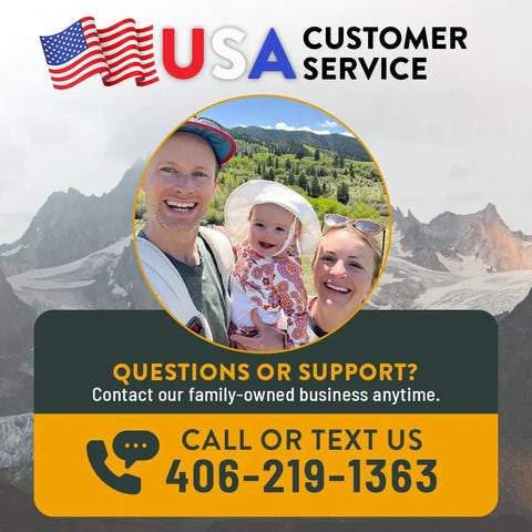 USA customer service contact details with family photo and mountain background