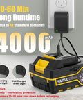 Cordless Leaf Blower With Two 4.0Ah Batteries And Charger plugged into wall outlet showing charging status lights
