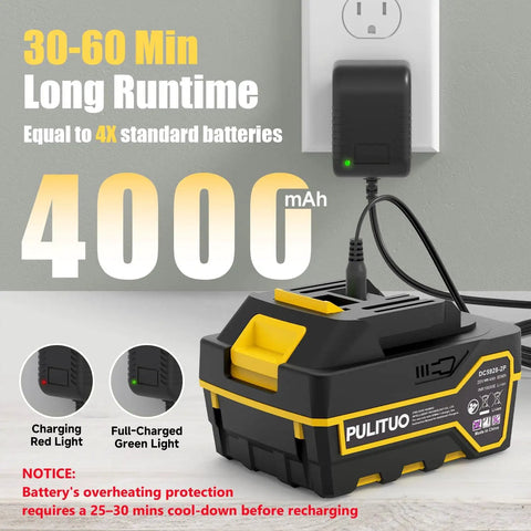 Cordless Leaf Blower With Two 4.0Ah Batteries And Charger plugged into wall outlet showing charging status lights