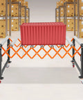 Heavy Duty Adjustable Conveyor Roller Stand With Wheels Flexible Warehouse Freight Handling Table Expandable Stainless Steel Rack System Height Control For Sorting Packaging And Logistics Tasks with red container.