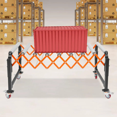 Heavy Duty Telescopic Roller Conveyor Table With Smooth Rolling Caster Wheels And Solid Parking Brakes, holding a red container.