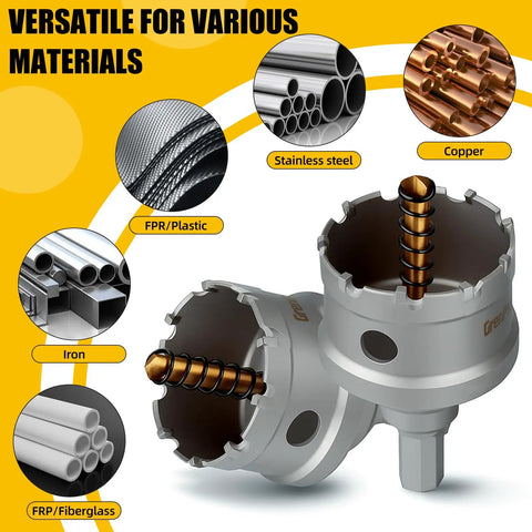 16-Piece Carbide Hole Saw Kit For Metal And Stainless Steel showing versatility for various materials like iron and plastic.