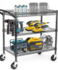 Heavy Duty 3 Tier Wire Rolling Utility Cart With Wheels For Kitchen And Office, tools and supplies displayed on shelves