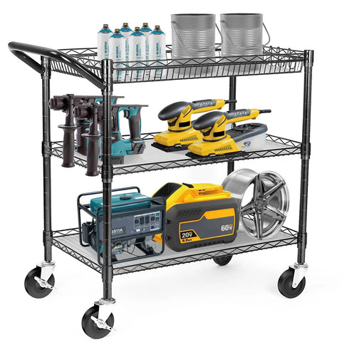 Heavy Duty 3 Tier Wire Rolling Utility Cart With Wheels For Kitchen And Office, tools and supplies displayed on shelves