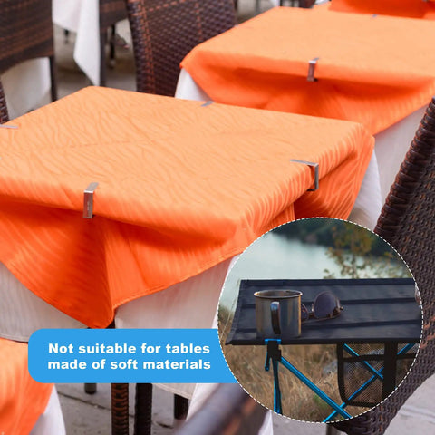 12 Pack Tablecloth Clips for Folding Tables and Outdoor Use securing orange tablecloths outdoors.
