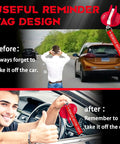 Useful reminder tag with "Remove Before Drive" message, showing before and after scenes of a driver using the tag for safety.
