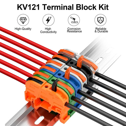 Beefy Terminal Block Kit With 12.6 Inch DIN Rail, 600V 32A Lever Wire Connectors For 24-12 AWG, installed with wires