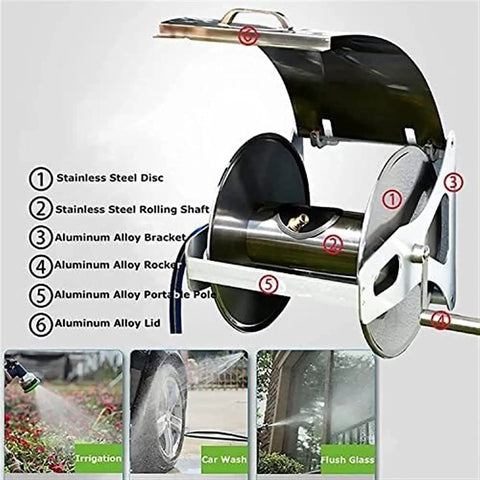 Premium Rock Solid Stainless Steel Garden Hose Reel featuring wall mount flexibility, showcasing internal components and structure.