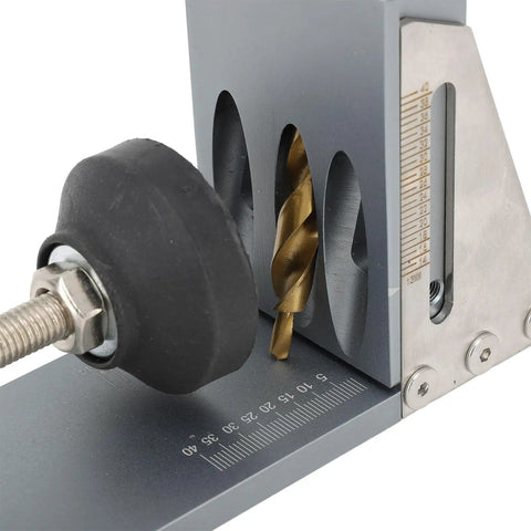 Close-up of No Sweat Precision Pocket Hole Jig System with drill bit, measurement markings, and durable aluminum guide.