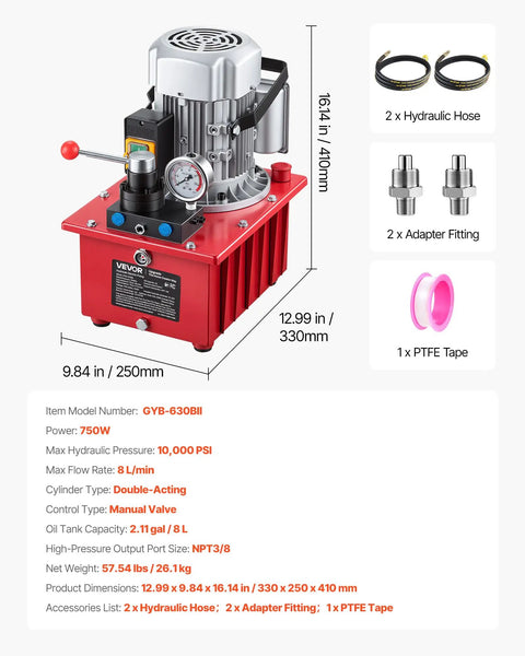 Beefed Up Electric Hydraulic Pump Power Pack 750W 120V 10000 PSI Max 8 LPM Flow Double Acting Unit on table with accessories.