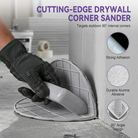 Person using Drywall Corner Sander Kit With 15 Reusable 9-Inch Sanding Discs in 120/180/240 Grits for 90-degree corners.